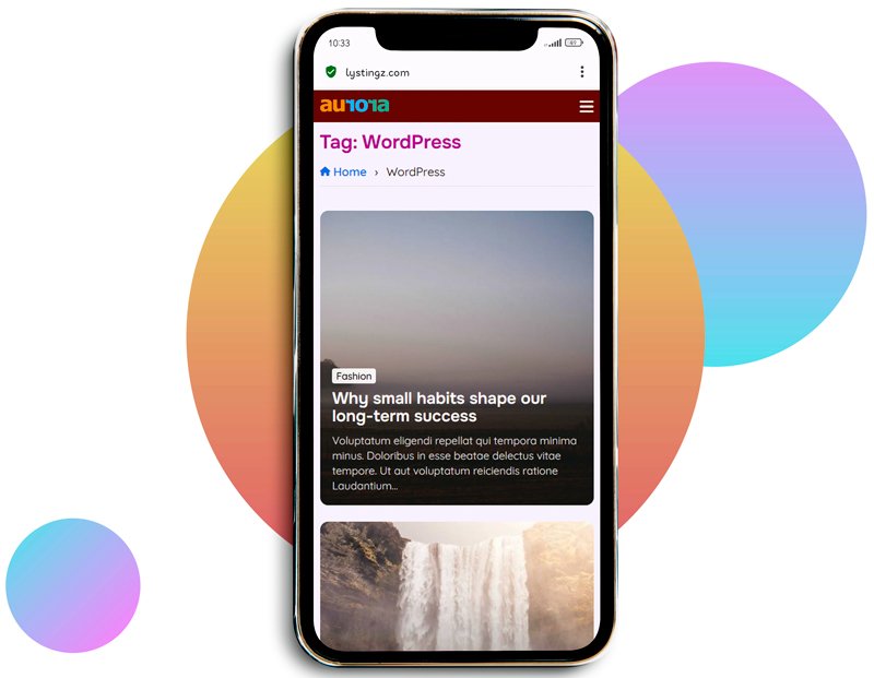 Aurora WordPress blog theme on phone
