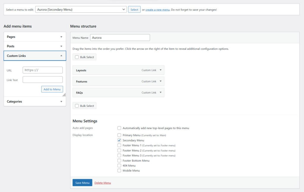 Setting menus to various menu locations in WordPress